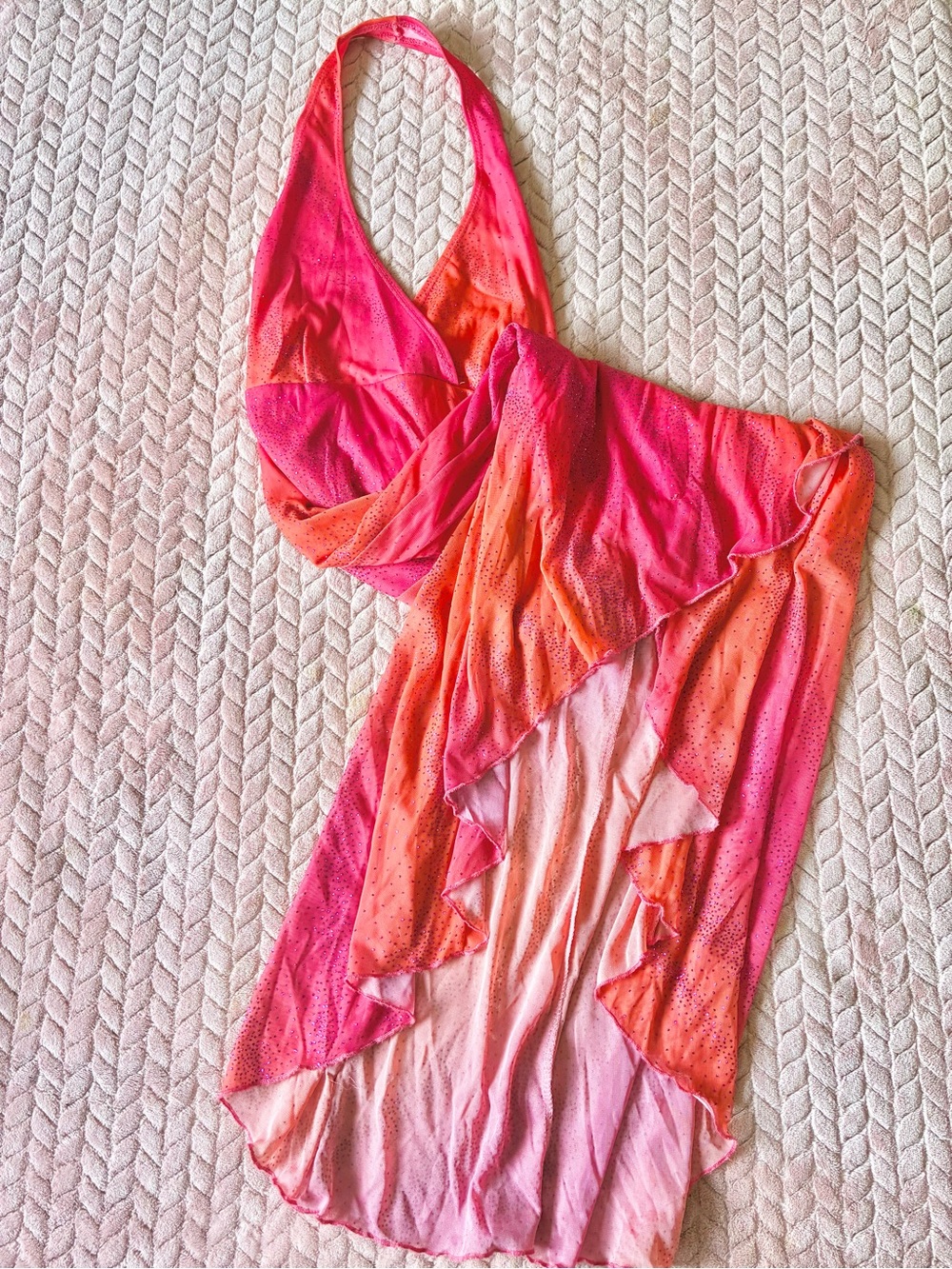Vintage Y2K Taboo Ombre Pink Orange Glitter Mesh Asymmetrical Halter Dress S M